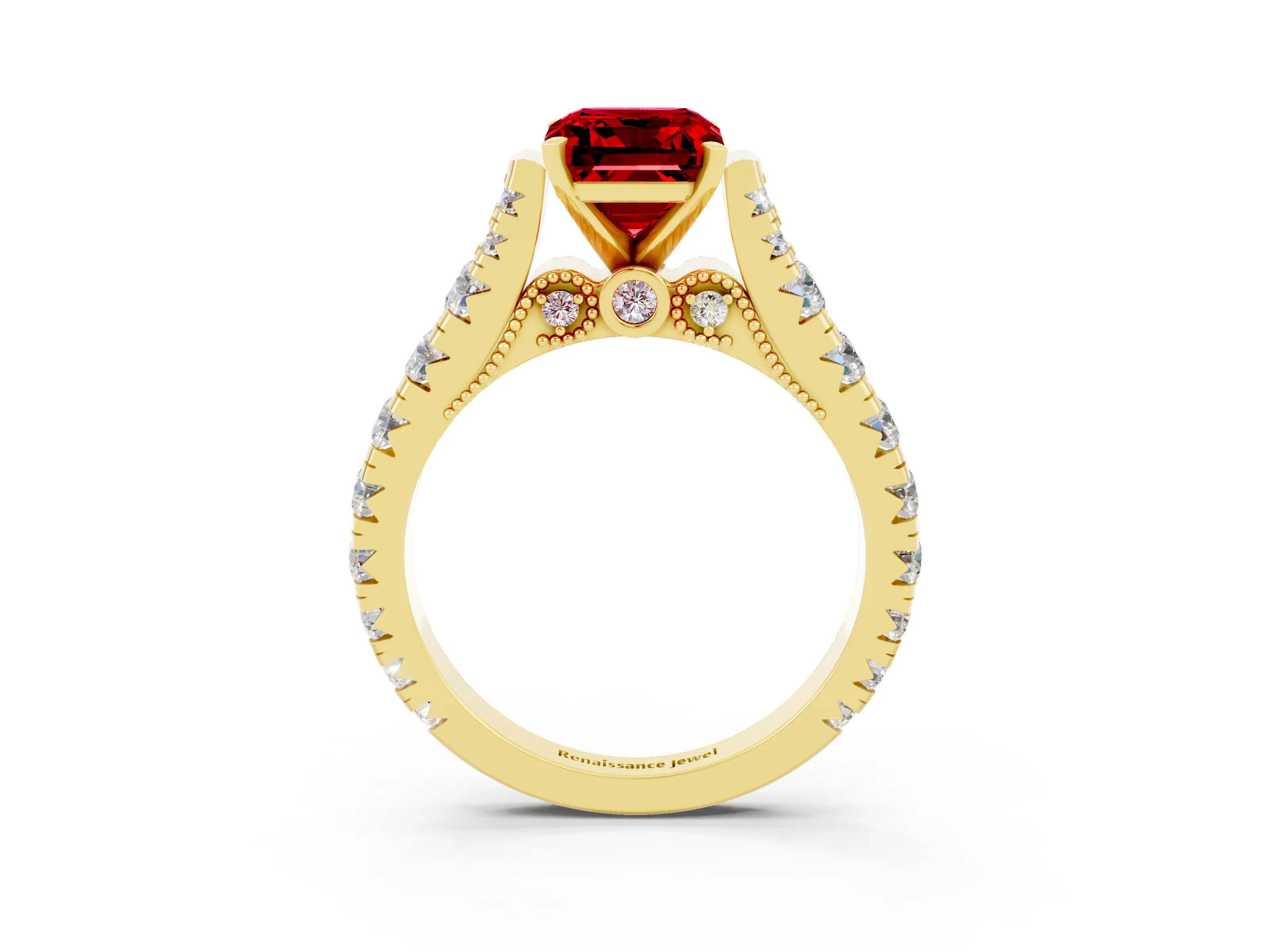 Yellow gold Emerald Cut Ruby Classic Solitaire Ring with Pavé Band and Four-Prong Setting_3