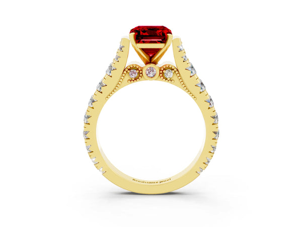 Yellow gold Emerald Cut Ruby Classic Solitaire Ring with Pavé Band and Four-Prong Setting