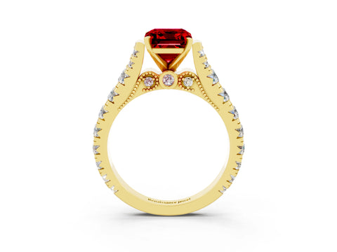 Yellow gold Emerald Cut Ruby Classic Solitaire Ring with Pavé Band and Four-Prong Setting_3