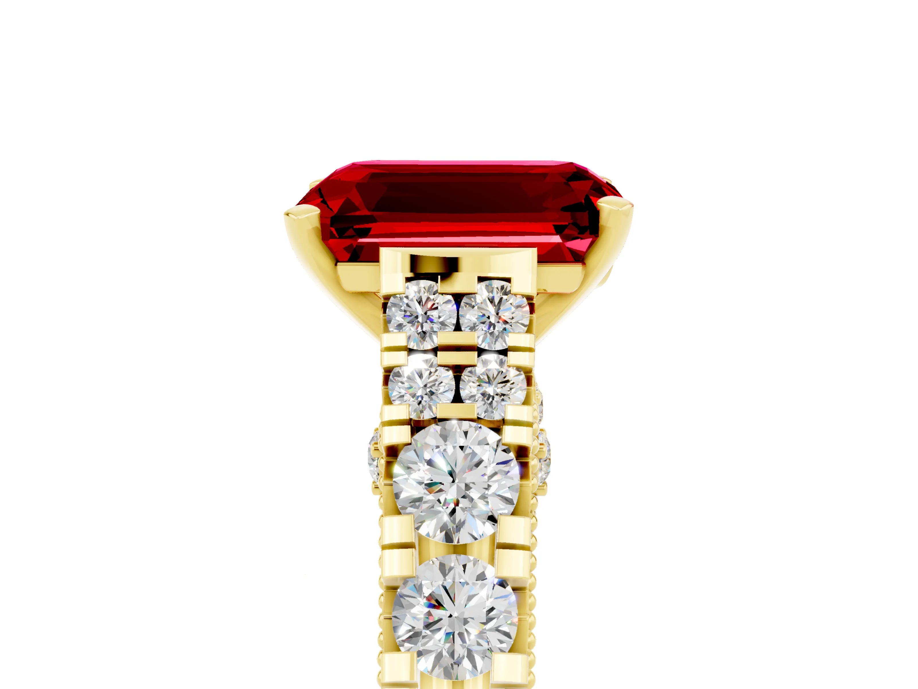 Yellow gold Emerald Cut Ruby Classic Solitaire Ring with Pavé Band and Four-Prong Setting_5