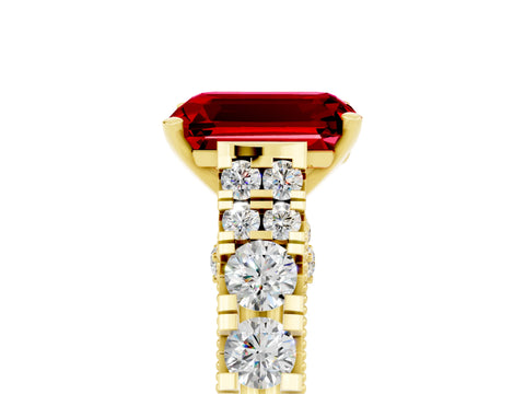 Yellow gold Emerald Cut Ruby Classic Solitaire Ring with Pavé Band and Four-Prong Setting_5