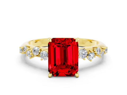 Yellow gold Emerald Cut Ruby Cluster Side Stone Solitaire Ring with Prong Setting_24