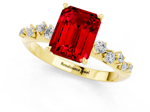 Yellow gold Emerald Cut Ruby Cluster Side Stone Solitaire Ring with Prong Setting_25