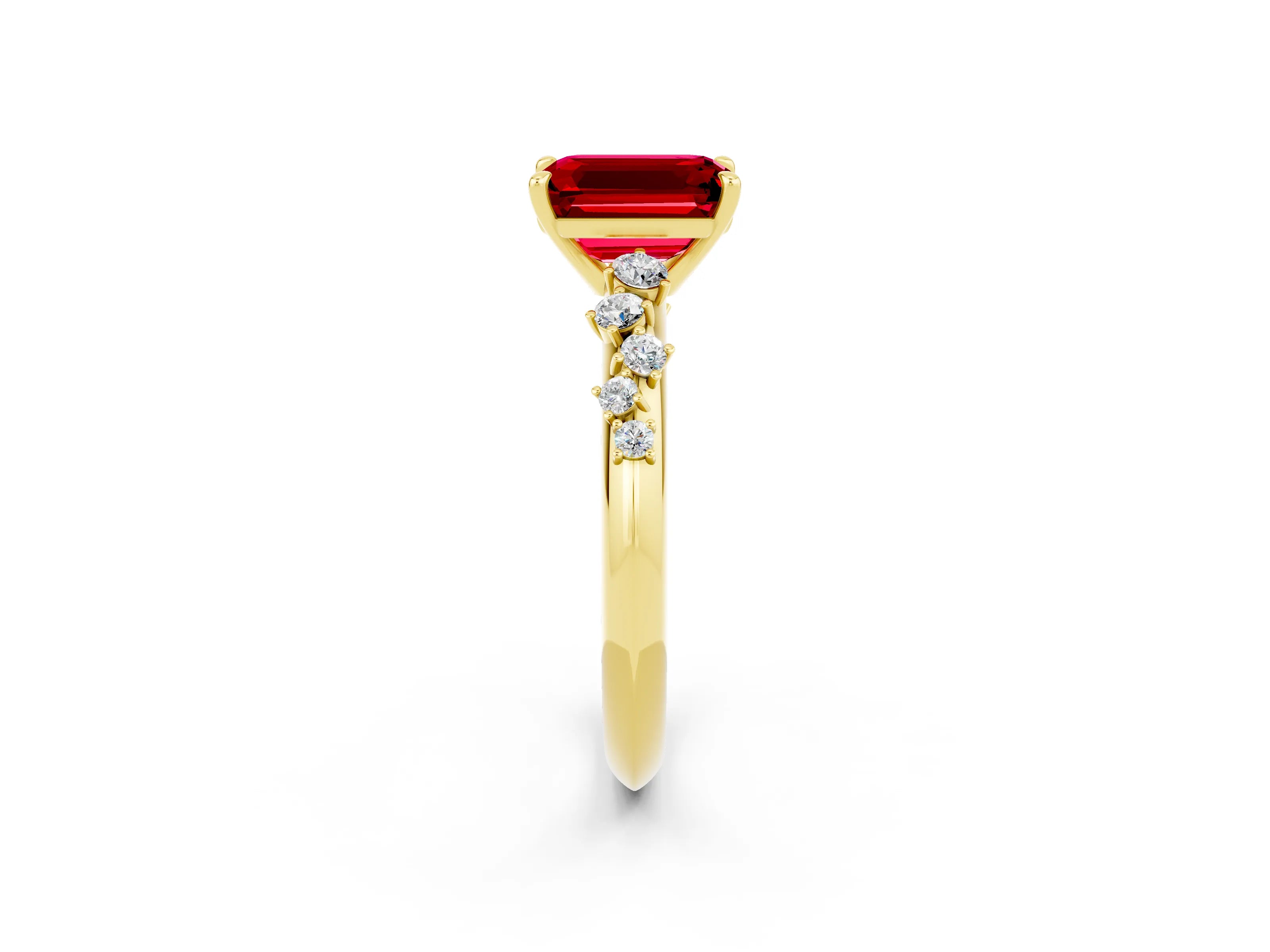 Yellow gold Emerald Cut Ruby Cluster Side Stone Solitaire Ring with Prong Setting_26