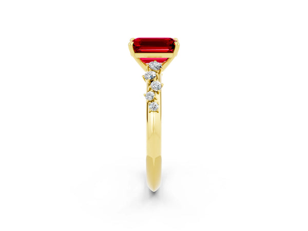 Yellow gold Emerald Cut Ruby Cluster Side Stone Solitaire Ring with Prong Setting