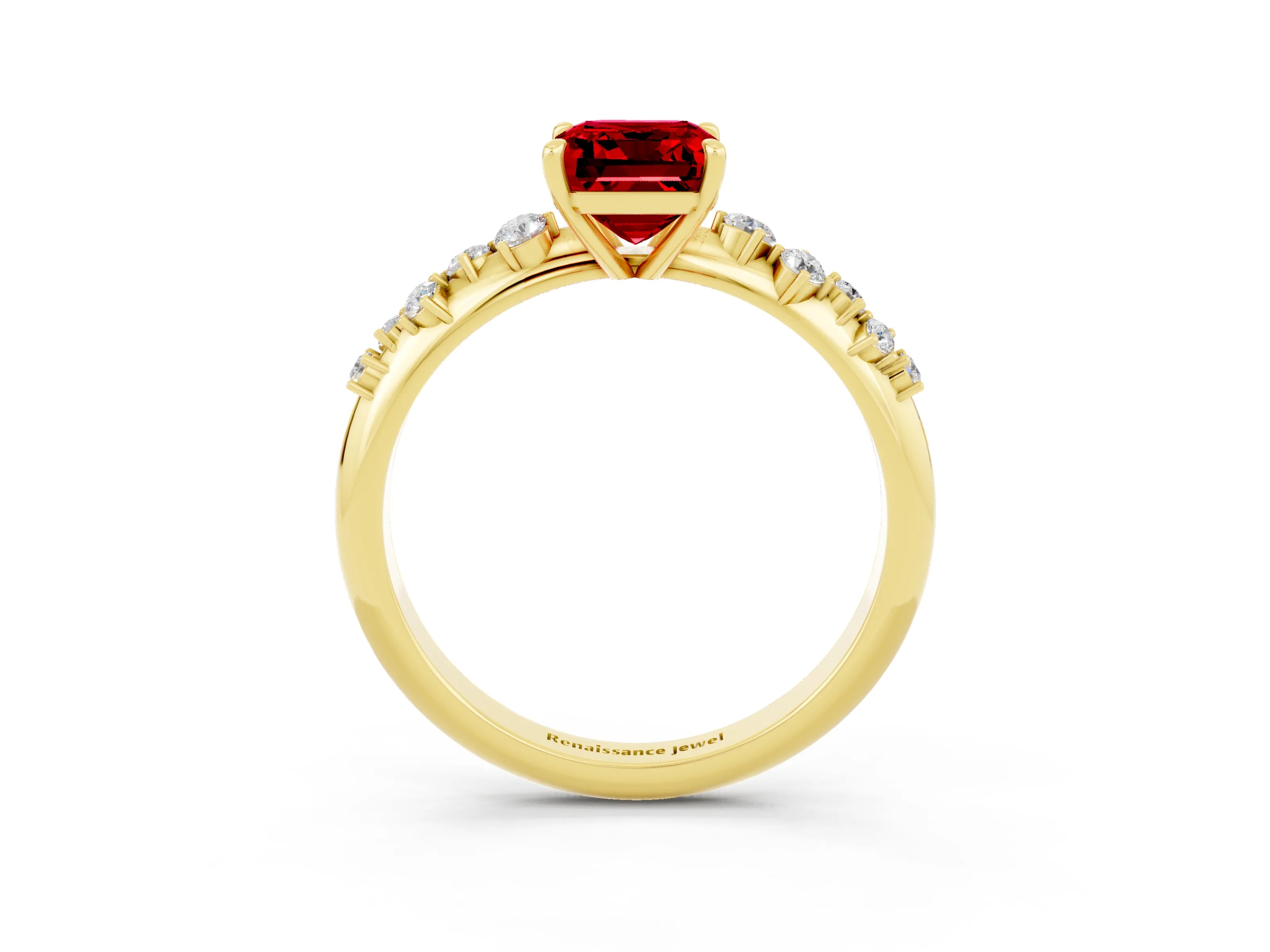 Yellow gold Emerald Cut Ruby Cluster Side Stone Solitaire Ring with Prong Setting_27