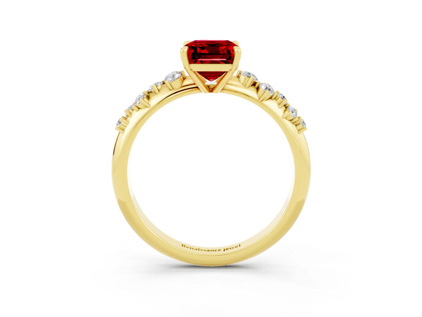 Yellow gold Emerald Cut Ruby Cluster Side Stone Solitaire Ring with Prong Setting