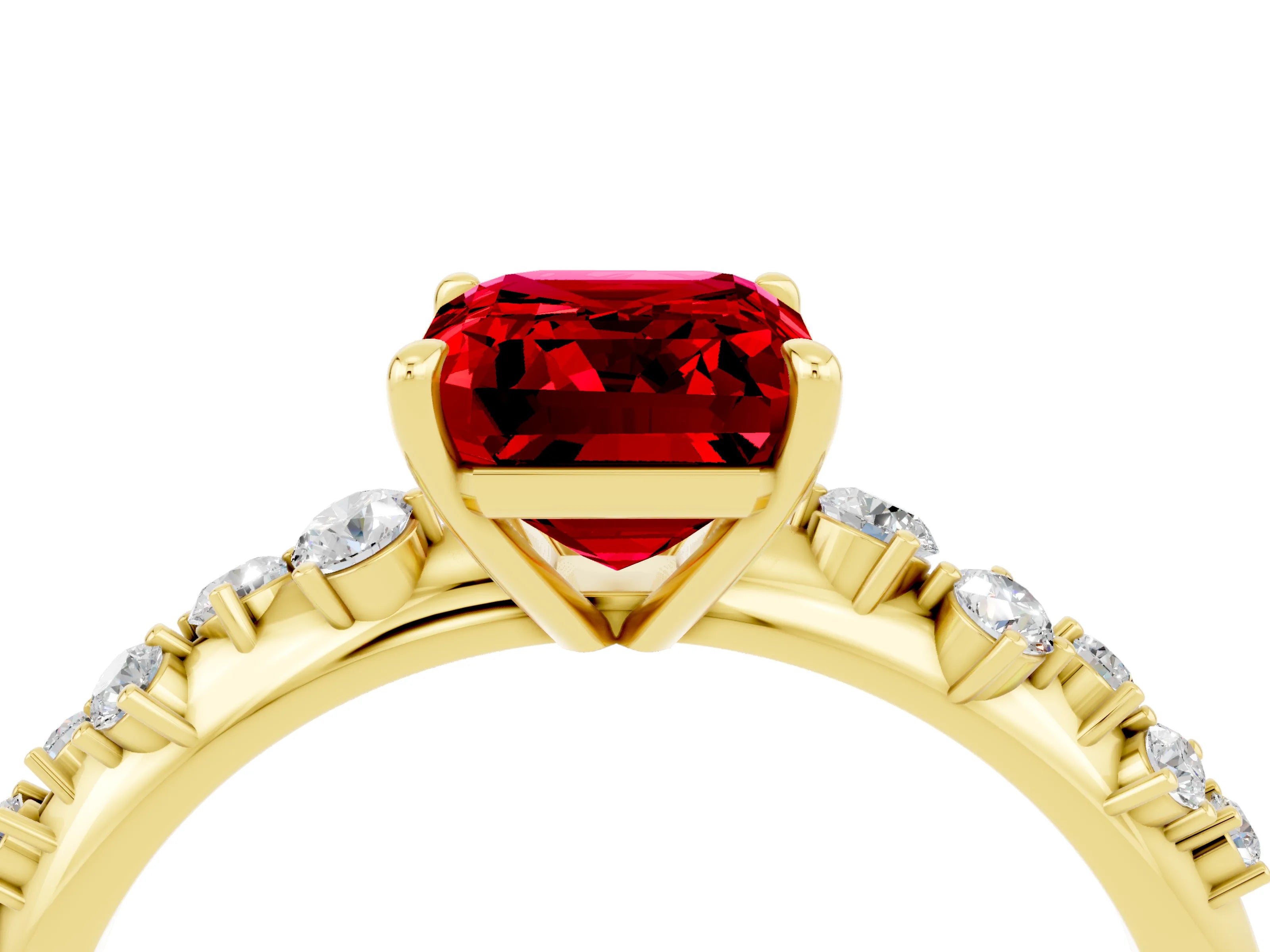 Yellow gold Emerald Cut Ruby Cluster Side Stone Solitaire Ring with Prong Setting_28