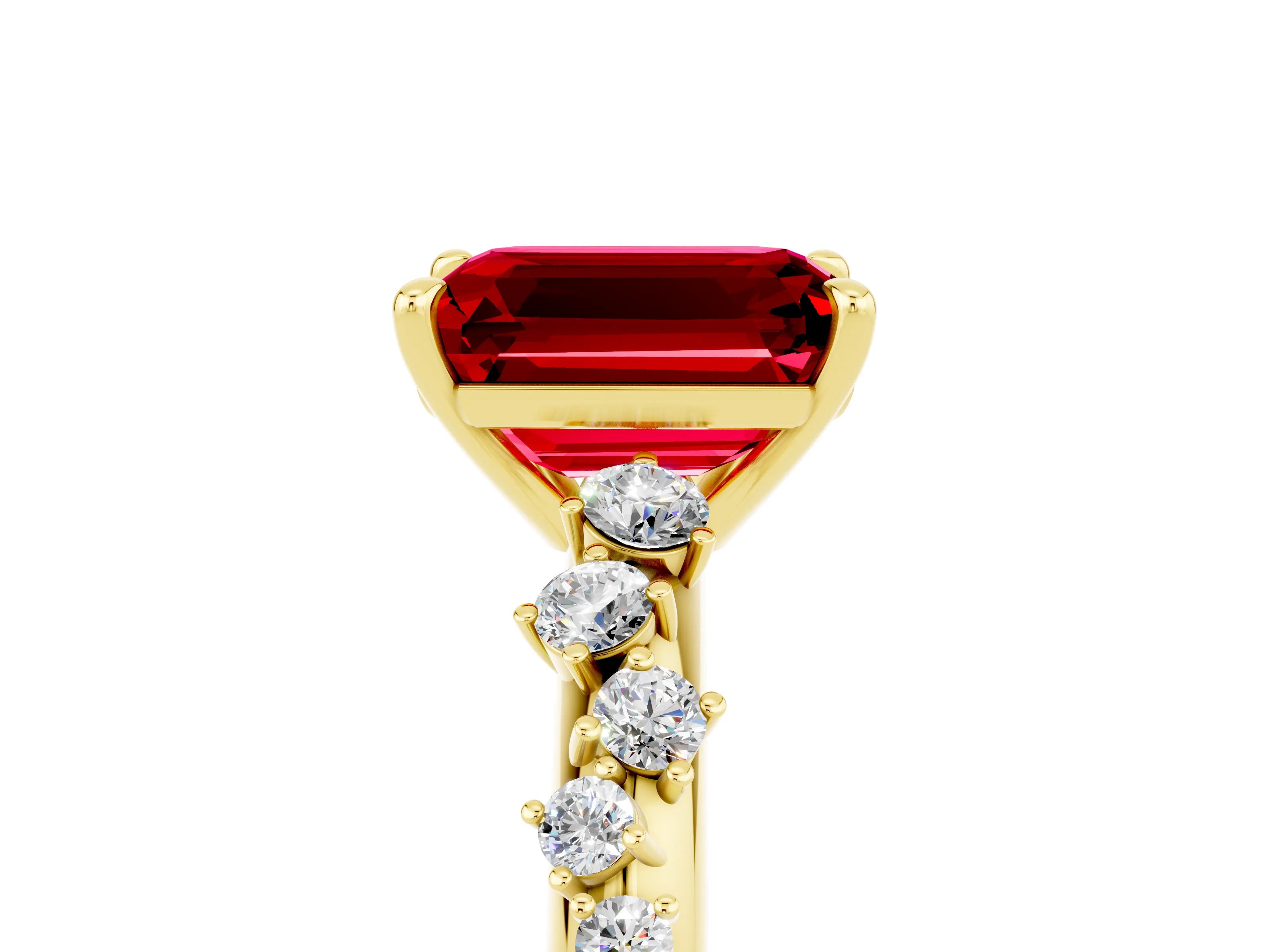 Yellow gold Emerald Cut Ruby Cluster Side Stone Solitaire Ring with Prong Setting_29