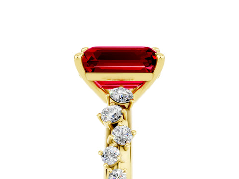 Yellow gold Emerald Cut Ruby Cluster Side Stone Solitaire Ring with Prong Setting_29