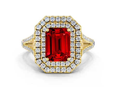 Yellow gold Emerald Cut Ruby Double Halo Ring with Pavé Band and Prong Setting_12