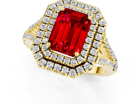 Yellow gold Emerald Cut Ruby Double Halo Ring with Pavé Band and Prong Setting_13