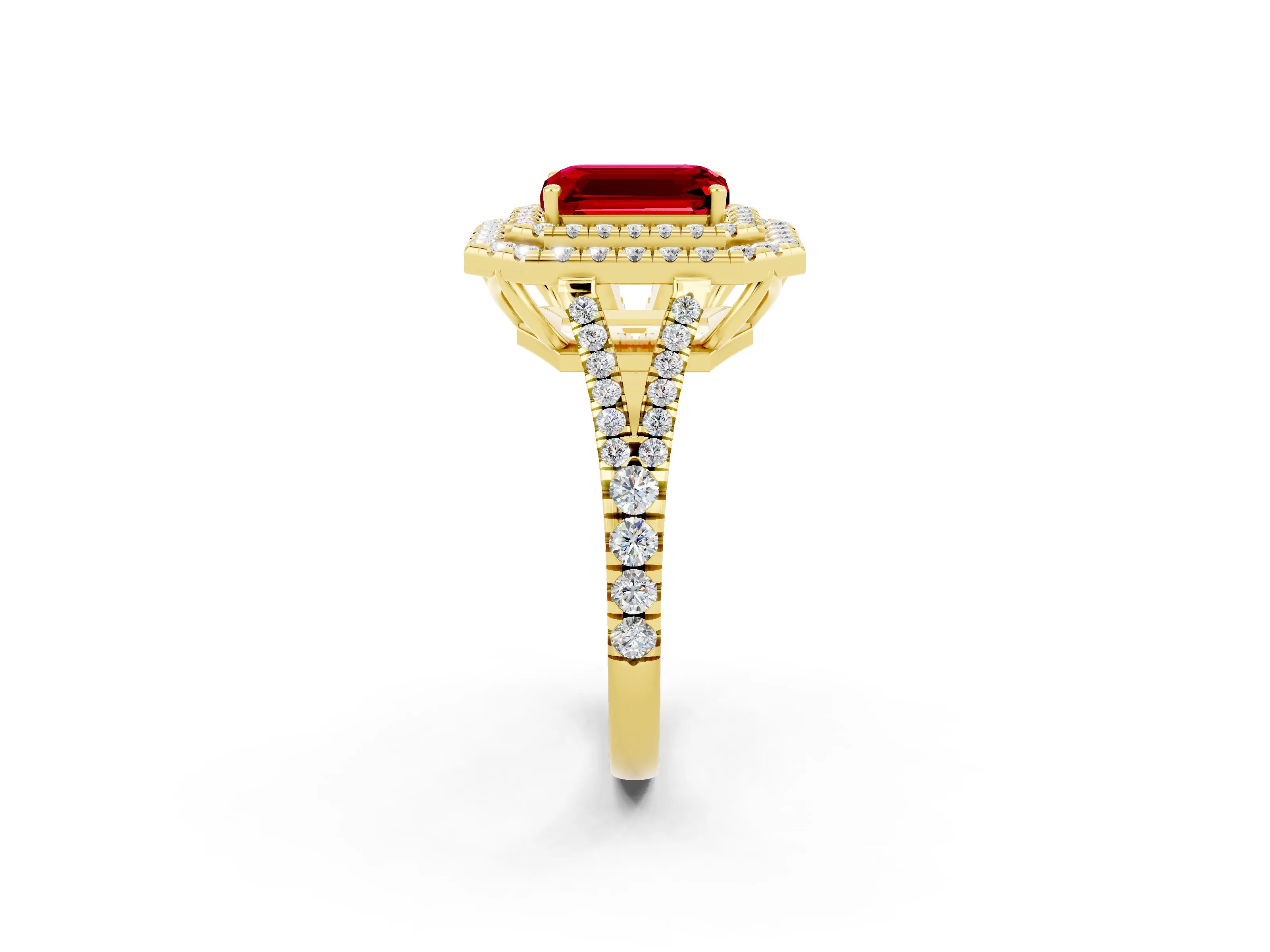 Yellow gold Emerald Cut Ruby Double Halo Ring with Pavé Band and Prong Setting_14