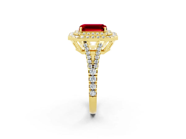 Yellow gold Emerald Cut Ruby Double Halo Ring with Pavé Band and Prong Setting