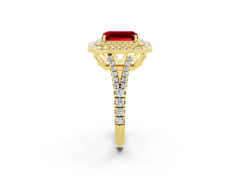 Yellow gold Emerald Cut Ruby Double Halo Ring with Pavé Band and Prong Setting_14