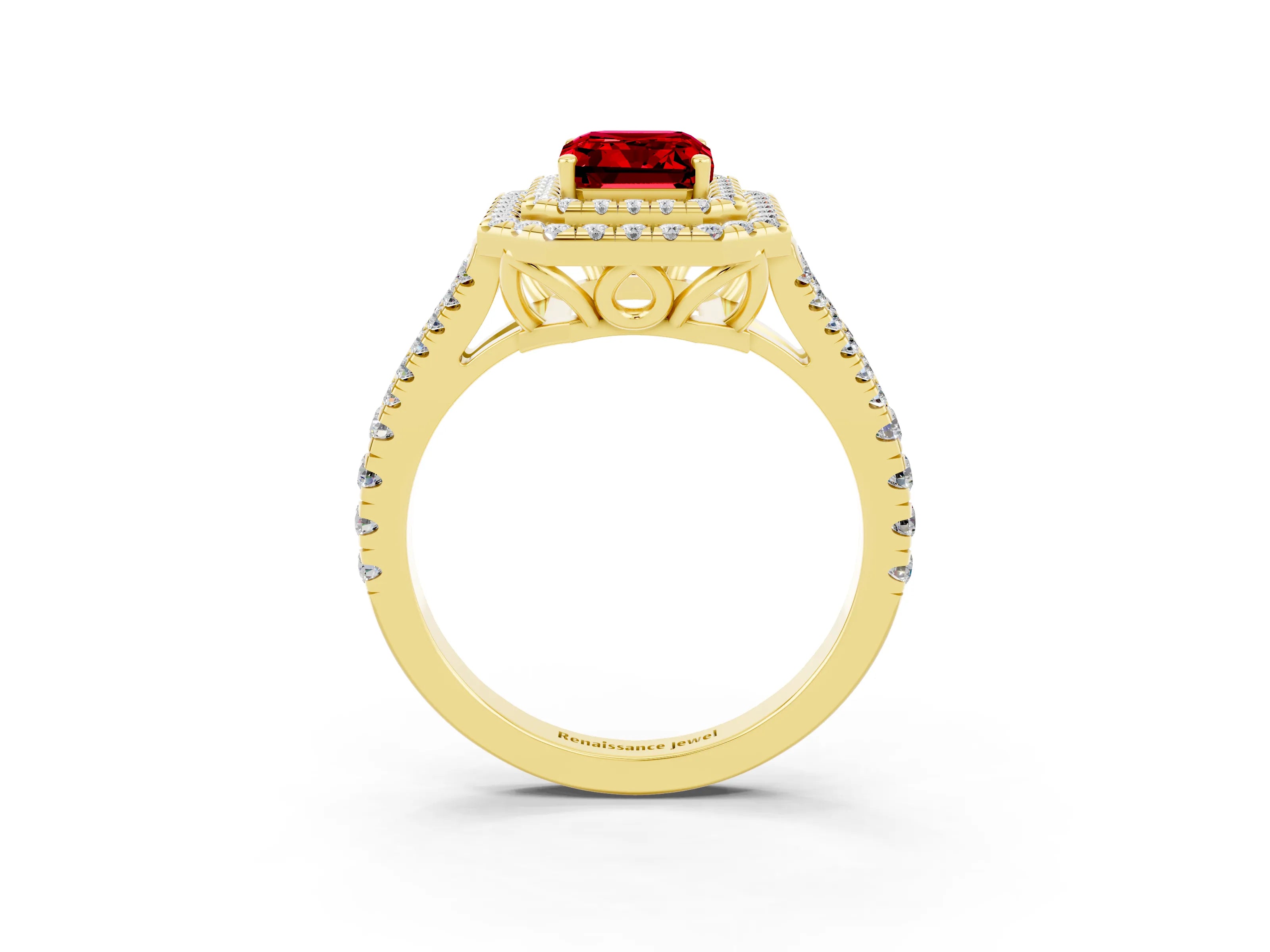 Yellow gold Emerald Cut Ruby Double Halo Ring with Pavé Band and Prong Setting_15