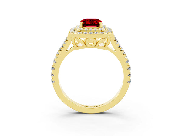 Yellow gold Emerald Cut Ruby Double Halo Ring with Pavé Band and Prong Setting