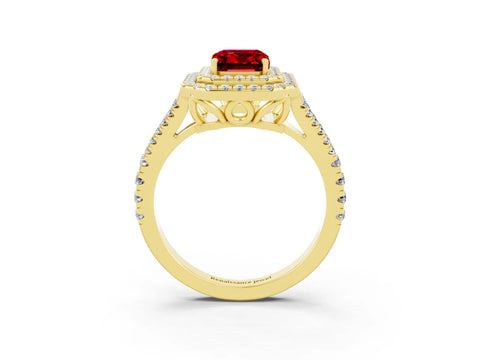 Yellow gold Emerald Cut Ruby Double Halo Ring with Pavé Band and Prong Setting_15
