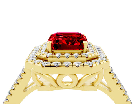 Yellow gold Emerald Cut Ruby Double Halo Ring with Pavé Band and Prong Setting_16