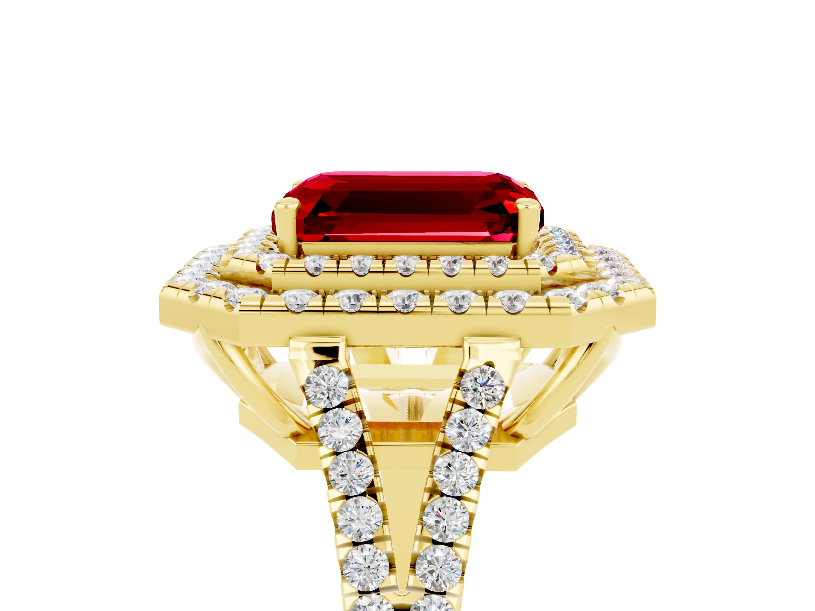 Yellow gold Emerald Cut Ruby Double Halo Ring with Pavé Band and Prong Setting_17