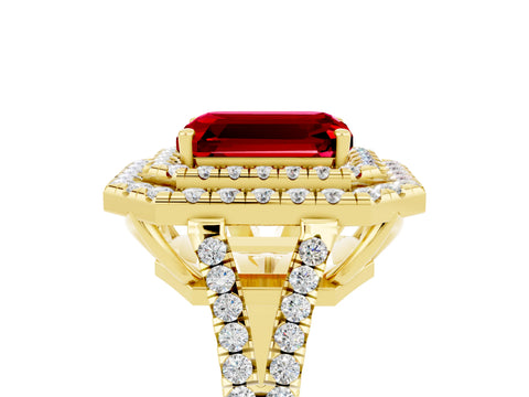 Yellow gold Emerald Cut Ruby Double Halo Ring with Pavé Band and Prong Setting_17