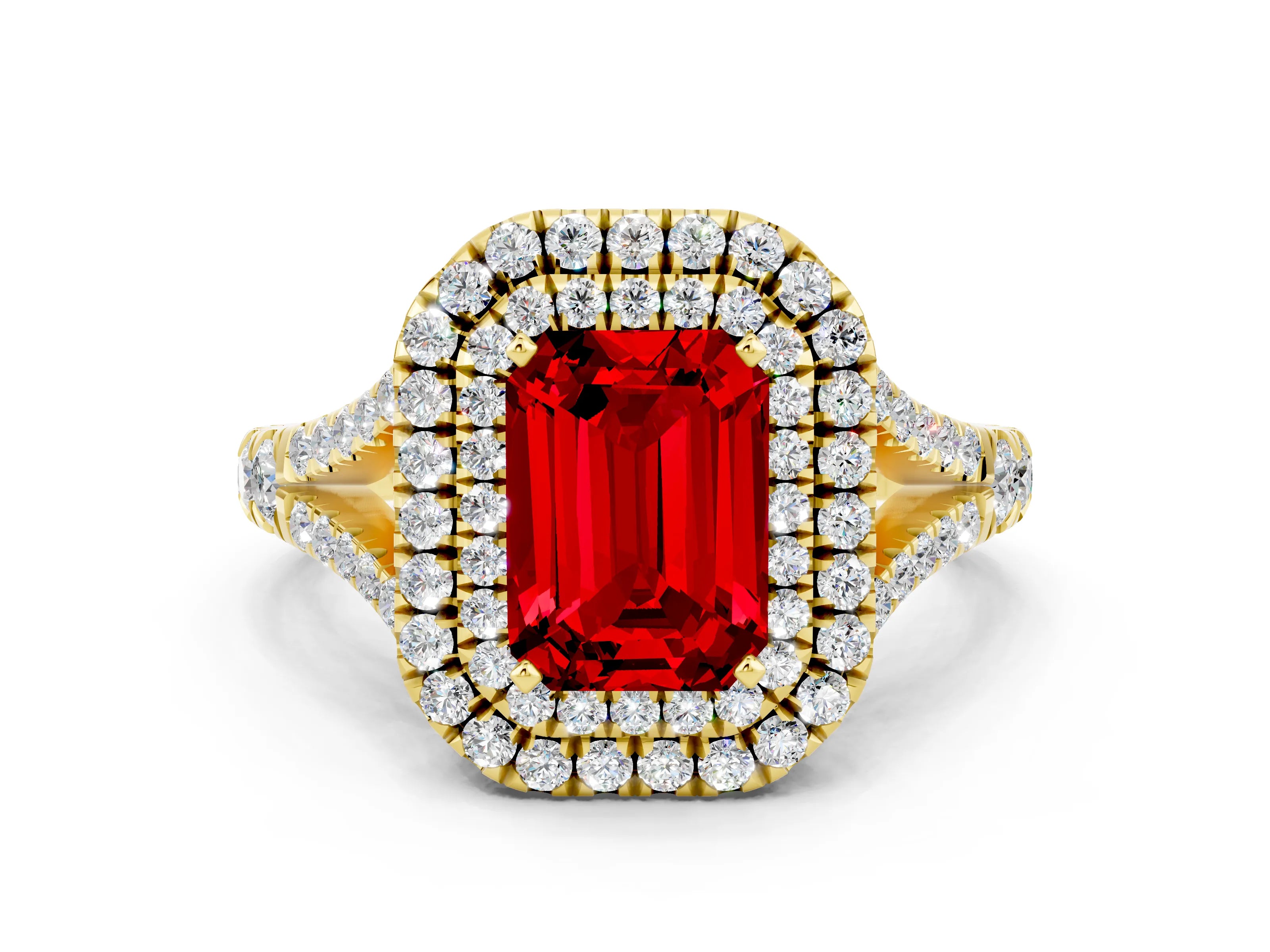 Yellow gold Emerald Cut Ruby Double Halo Ring with Split Shank and Prong Setting_12
