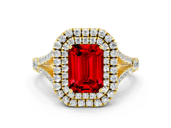 Yellow gold Emerald Cut Ruby Double Halo Ring with Split Shank and Prong Setting