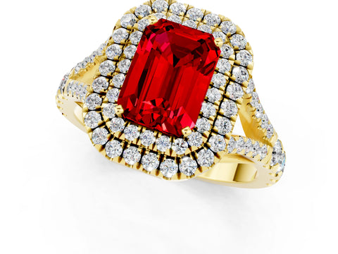 Yellow gold Emerald Cut Ruby Double Halo Ring with Split Shank and Prong Setting_13