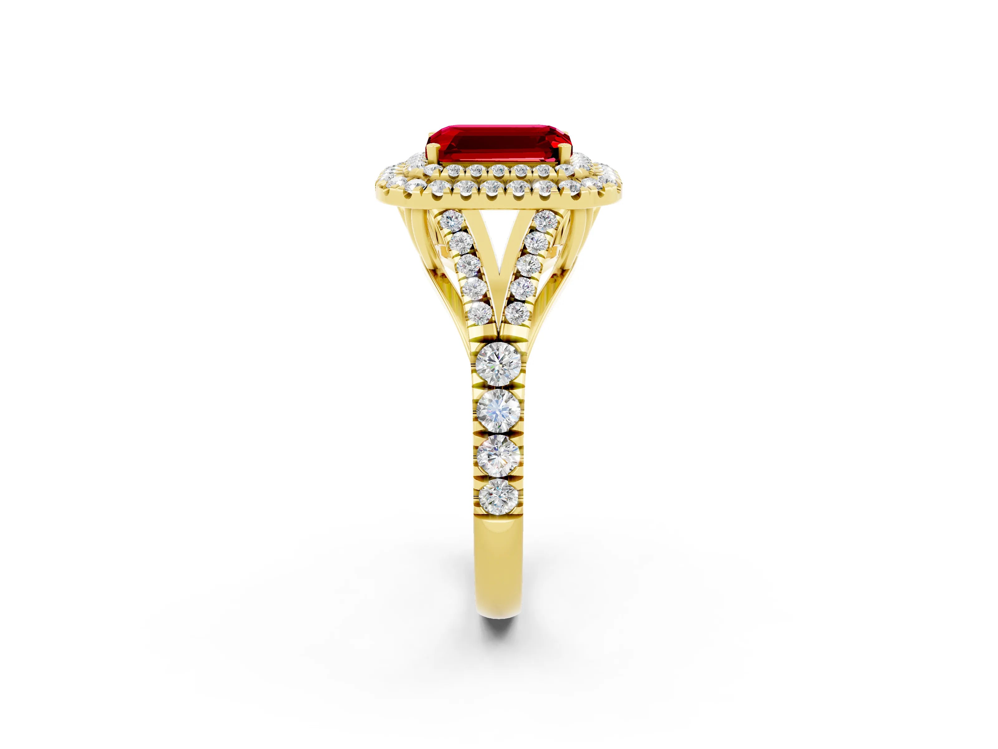 Yellow gold Emerald Cut Ruby Double Halo Ring with Split Shank and Prong Setting_14