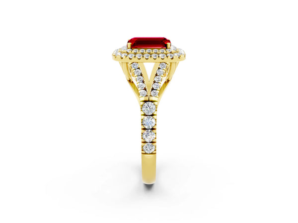 Yellow gold Emerald Cut Ruby Double Halo Ring with Split Shank and Prong Setting