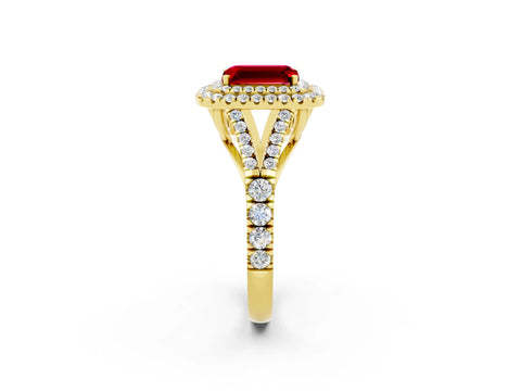 Yellow gold Emerald Cut Ruby Double Halo Ring with Split Shank and Prong Setting_14