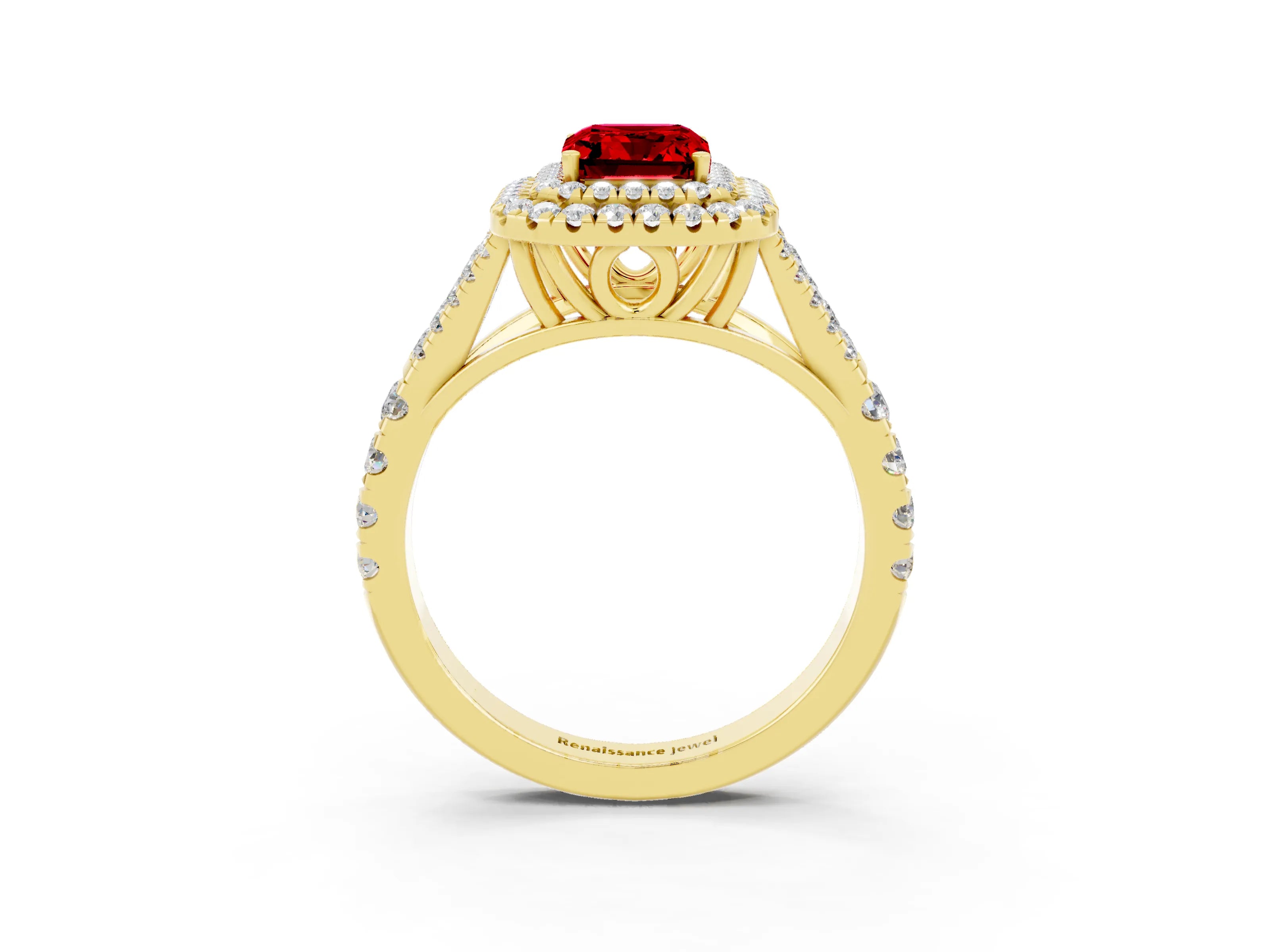 Yellow gold Emerald Cut Ruby Double Halo Ring with Split Shank and Prong Setting_15
