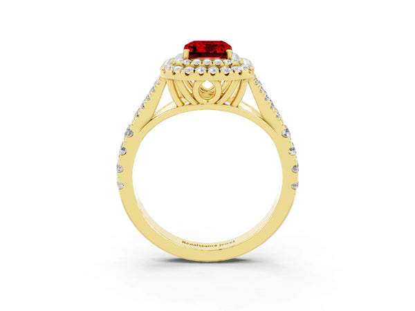 Yellow gold Emerald Cut Ruby Double Halo Ring with Split Shank and Prong Setting