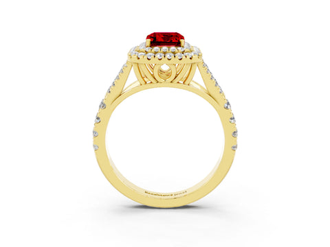 Yellow gold Emerald Cut Ruby Double Halo Ring with Split Shank and Prong Setting_15