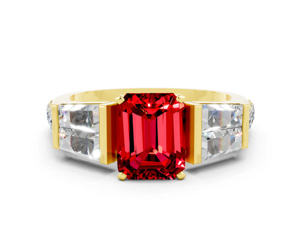 Yellow gold Emerald Cut Ruby Engagement Ring with Baguette Side Stones and Channel Set Band