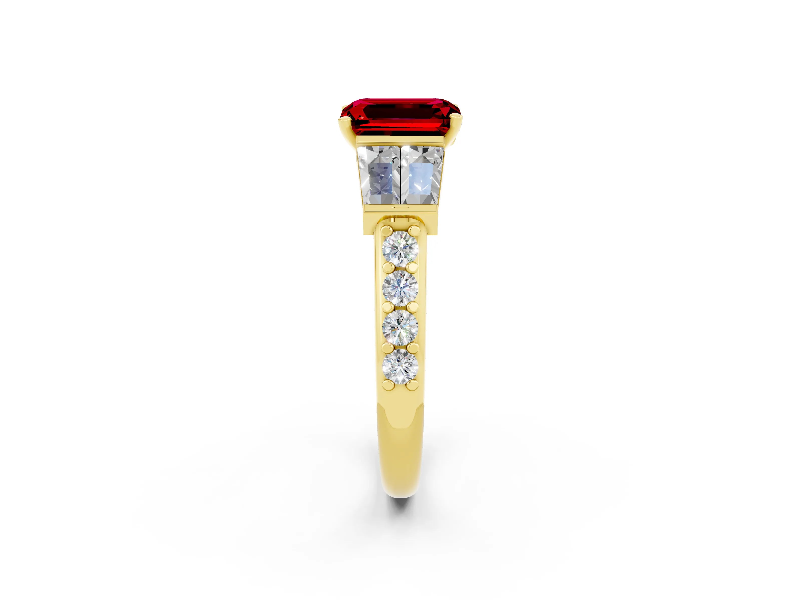 Yellow gold Emerald Cut Ruby Engagement Ring with Baguette Side Stones and Channel Set Band_2