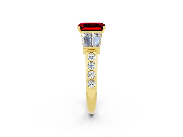 Yellow gold Emerald Cut Ruby Engagement Ring with Baguette Side Stones and Channel Set Band