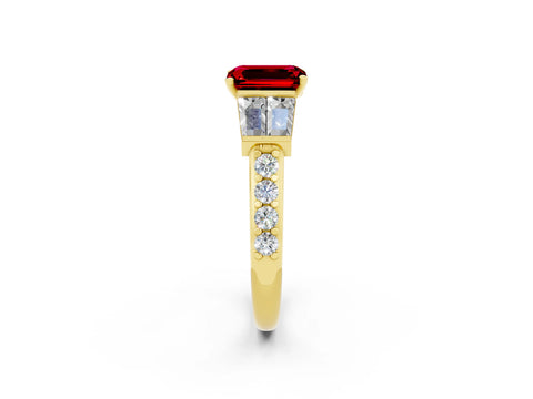 Yellow gold Emerald Cut Ruby Engagement Ring with Baguette Side Stones and Channel Set Band_2