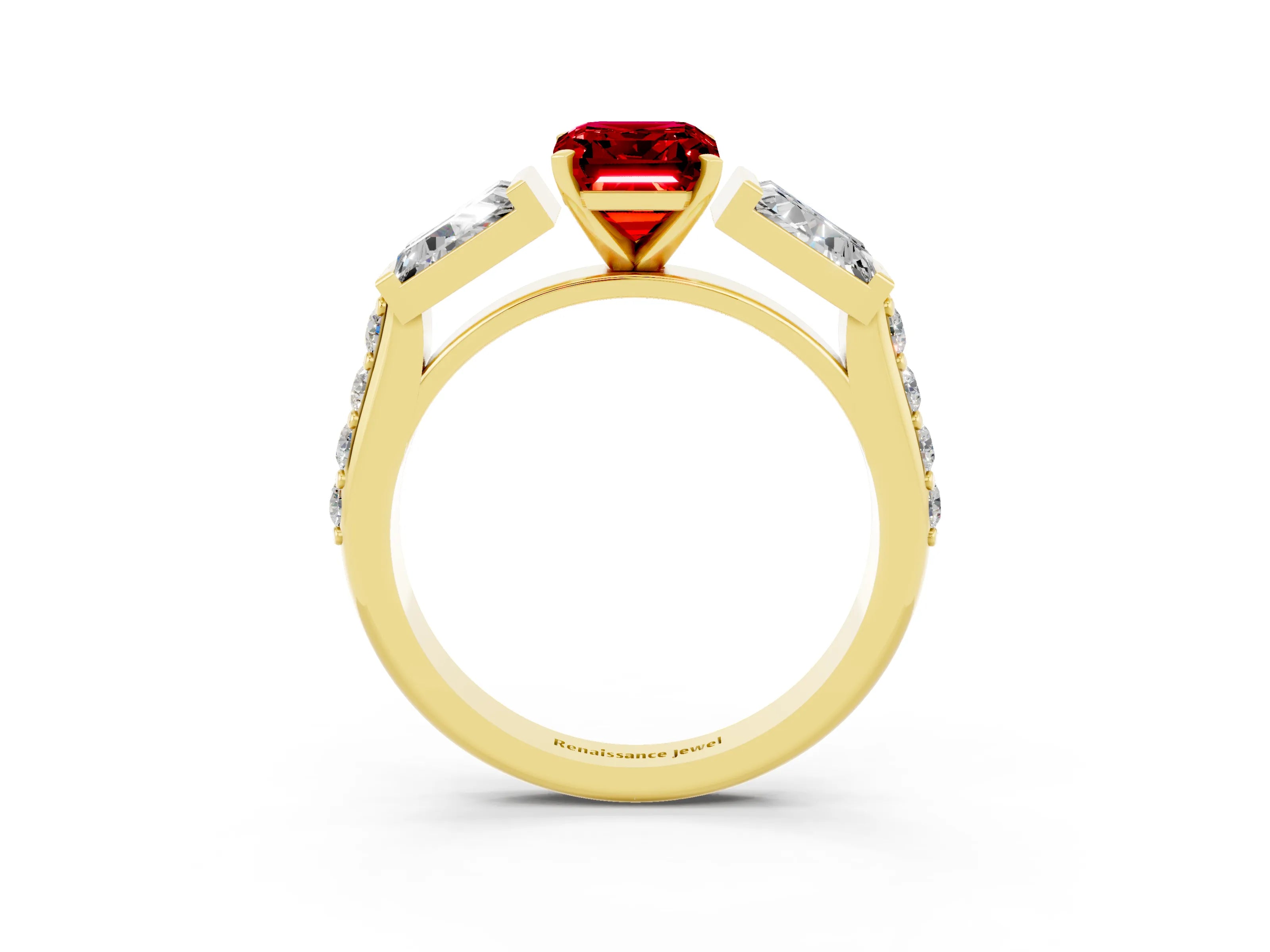 Yellow gold Emerald Cut Ruby Engagement Ring with Baguette Side Stones and Channel Set Band_3