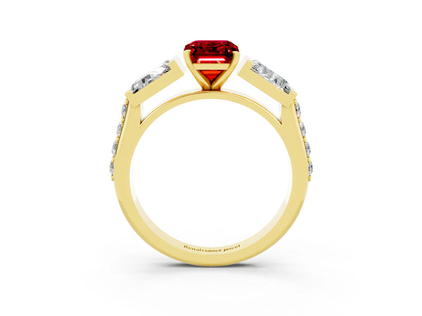Yellow gold Emerald Cut Ruby Engagement Ring with Baguette Side Stones and Channel Set Band