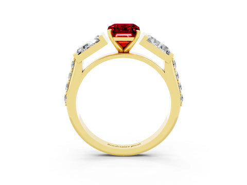 Yellow gold Emerald Cut Ruby Engagement Ring with Baguette Side Stones and Channel Set Band_3