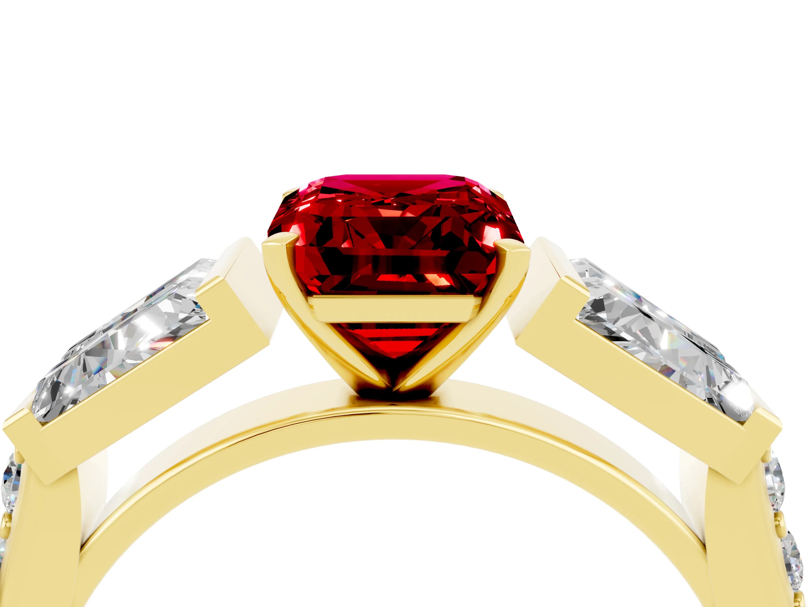 Yellow gold Emerald Cut Ruby Engagement Ring with Baguette Side Stones and Channel Set Band_4