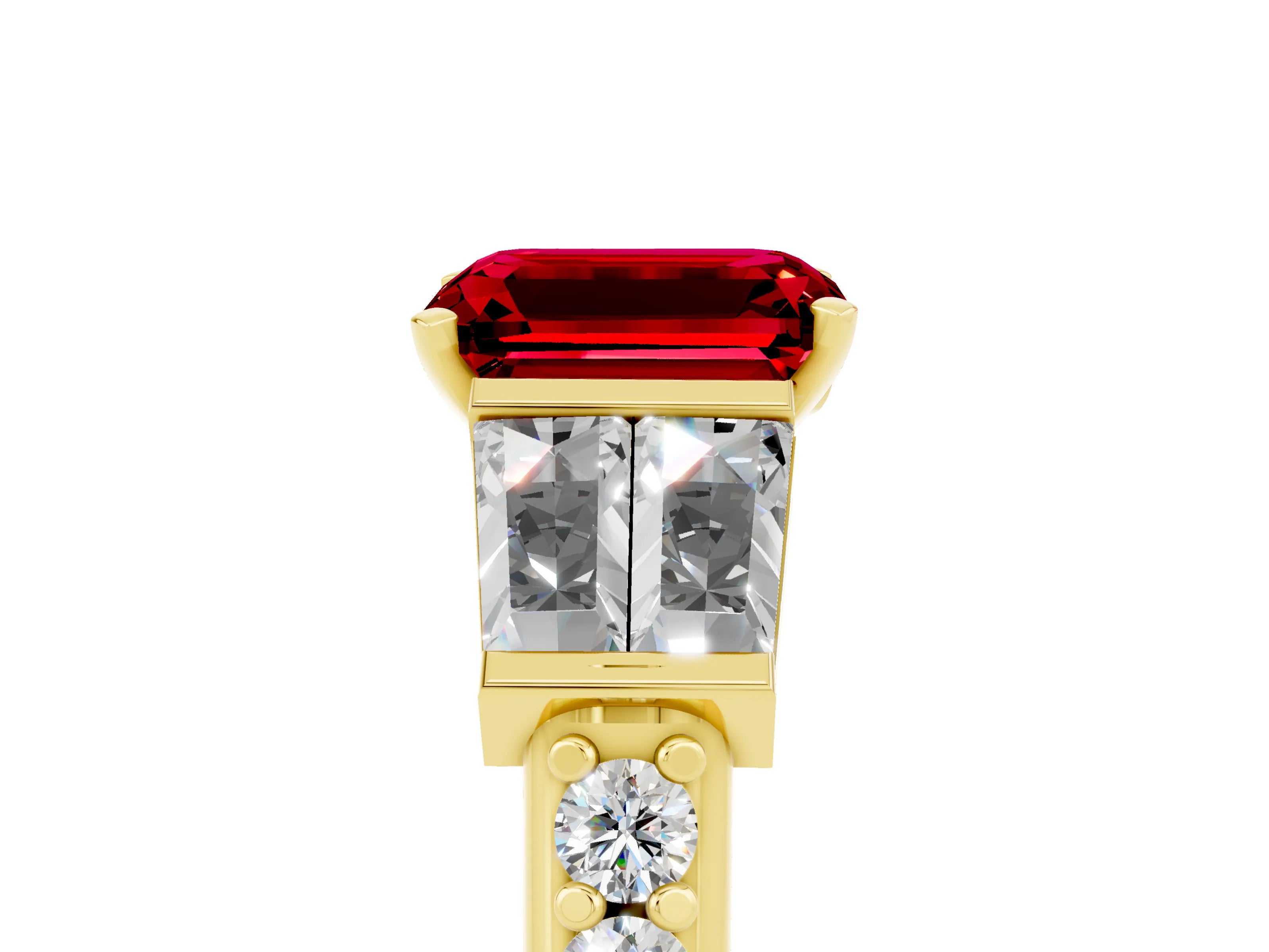 Yellow gold Emerald Cut Ruby Engagement Ring with Baguette Side Stones and Channel Set Band_5
