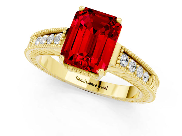 Yellow gold Emerald Cut Ruby Engagement Ring with Milgrain Channel Set Band and Prong Setting