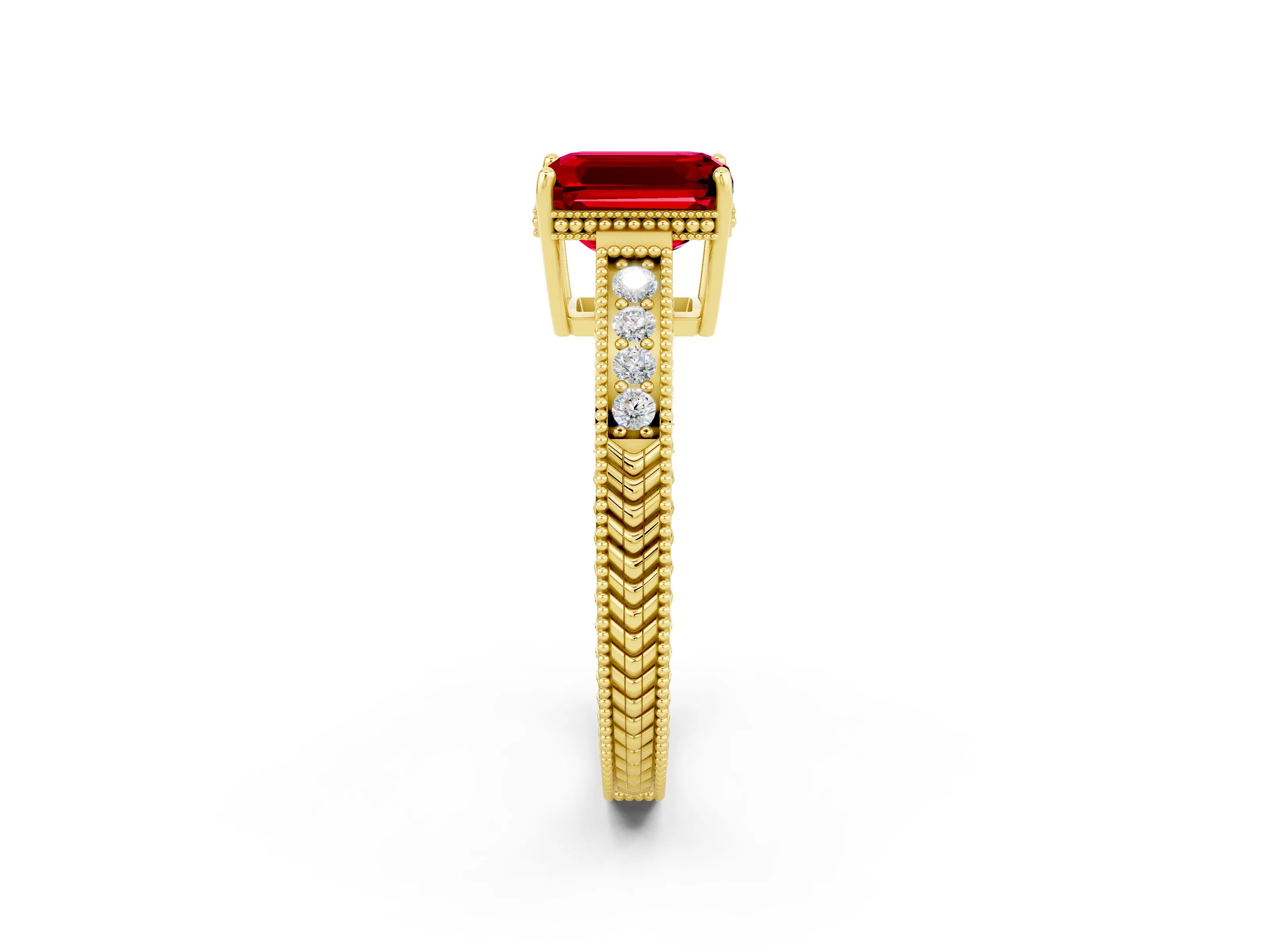 Yellow gold Emerald Cut Ruby Engagement Ring with Milgrain Channel Set Band and Prong Setting_2