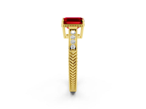 Yellow gold Emerald Cut Ruby Engagement Ring with Milgrain Channel Set Band and Prong Setting_2