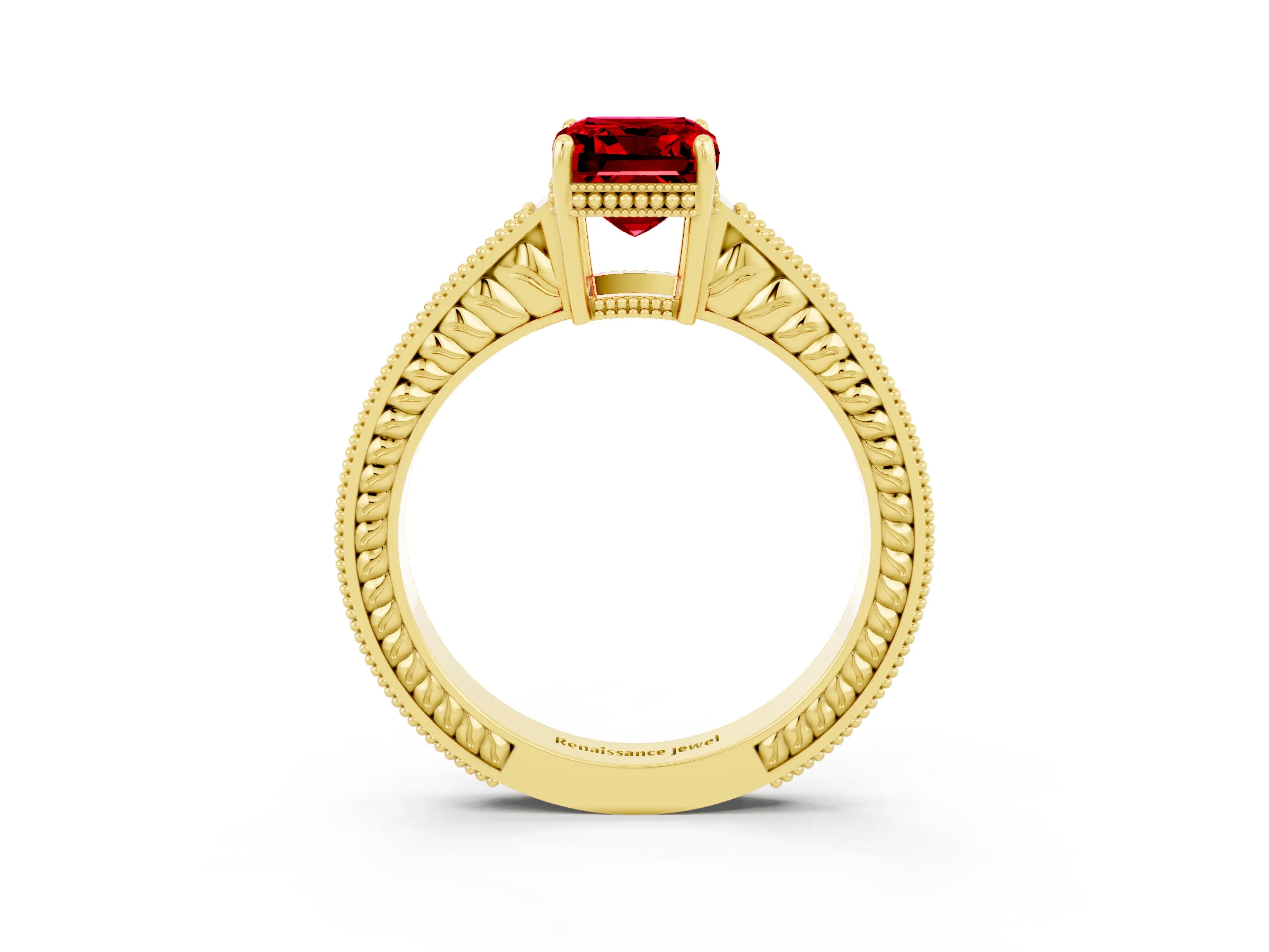 Yellow gold Emerald Cut Ruby Engagement Ring with Milgrain Channel Set Band and Prong Setting_3