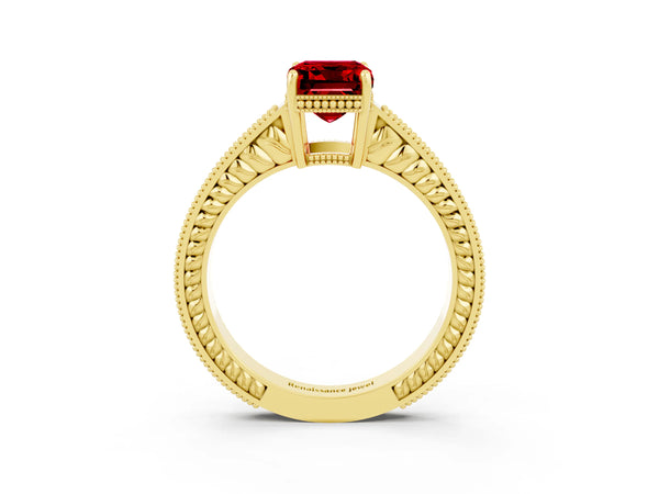 Yellow gold Emerald Cut Ruby Engagement Ring with Milgrain Channel Set Band and Prong Setting