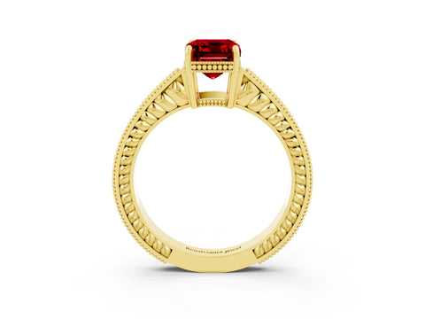 Yellow gold Emerald Cut Ruby Engagement Ring with Milgrain Channel Set Band and Prong Setting_3