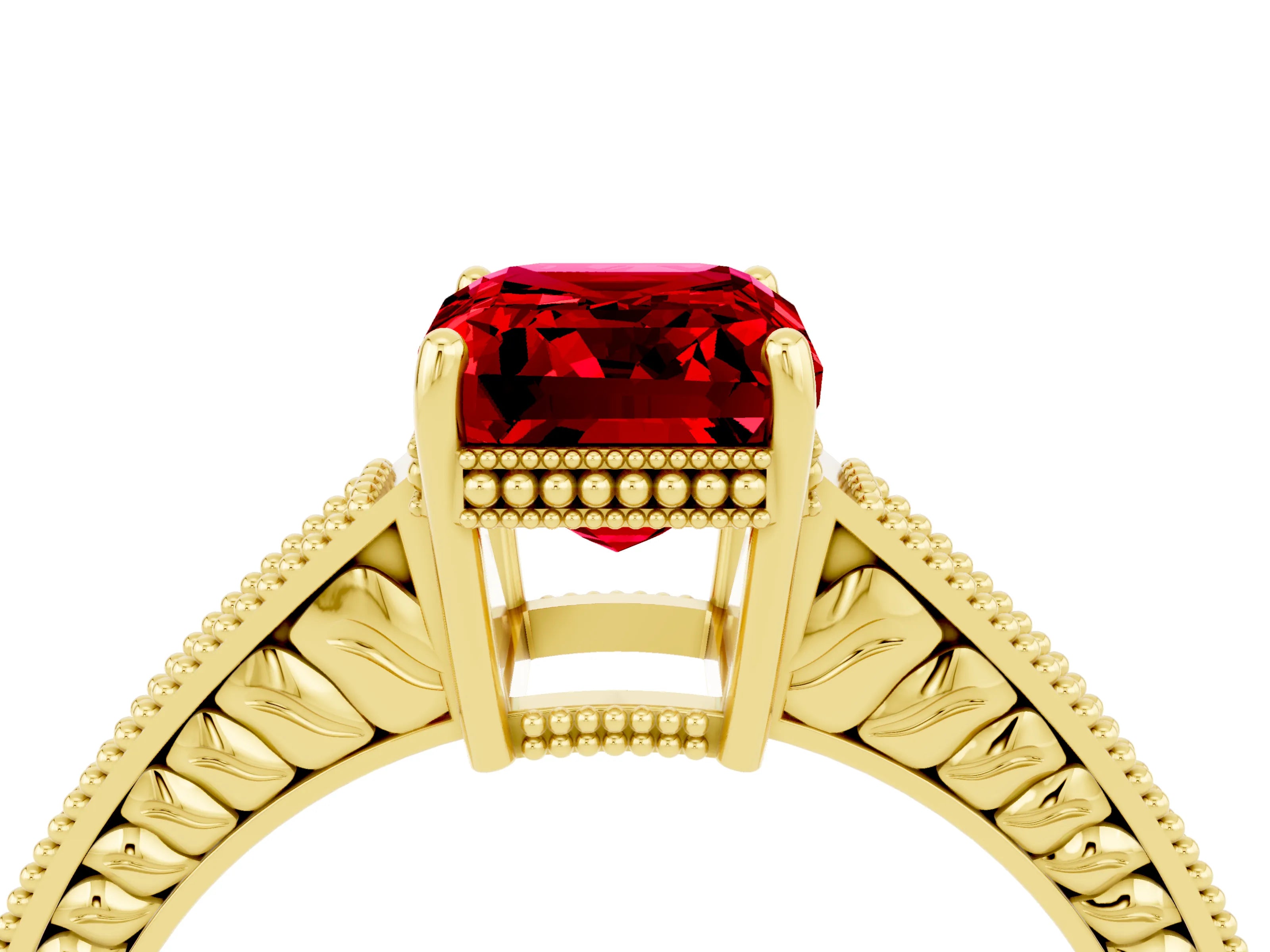 Yellow gold Emerald Cut Ruby Engagement Ring with Milgrain Channel Set Band and Prong Setting_4
